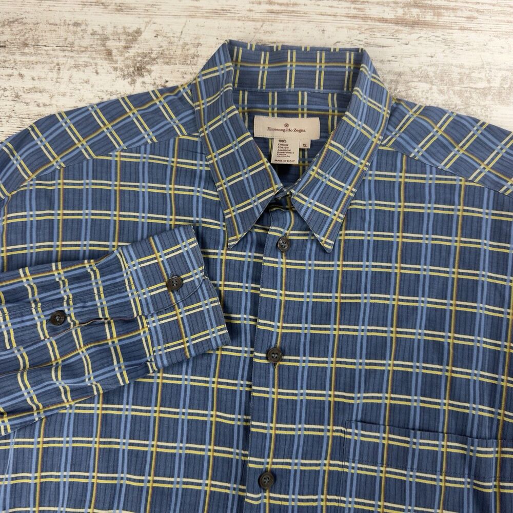 Ermenegildo Zegna Luxury Plaid Shirt Mens XL Blue Yellow Cotton Made in Italy